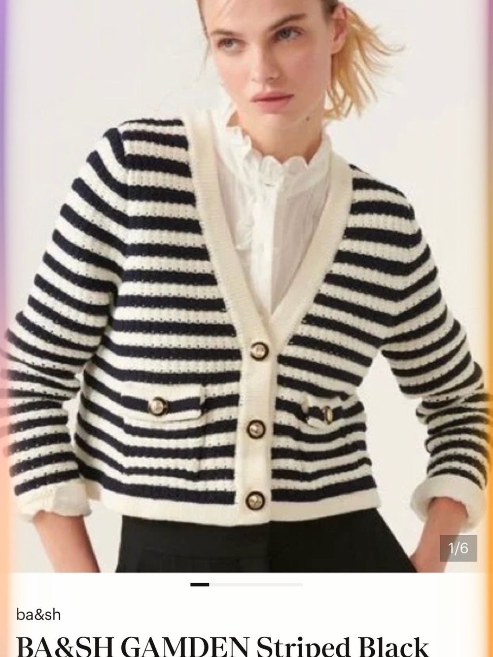 ba&sh Black and White Striped V-Neck Button Cardigan
